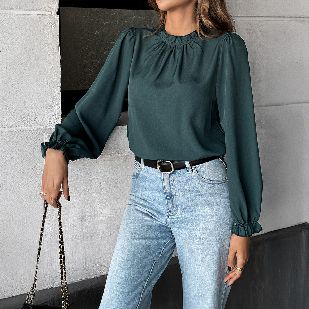 European And American Leisure Simple Style Long Sleeve Solid Color Stringy Selvedge Shirt