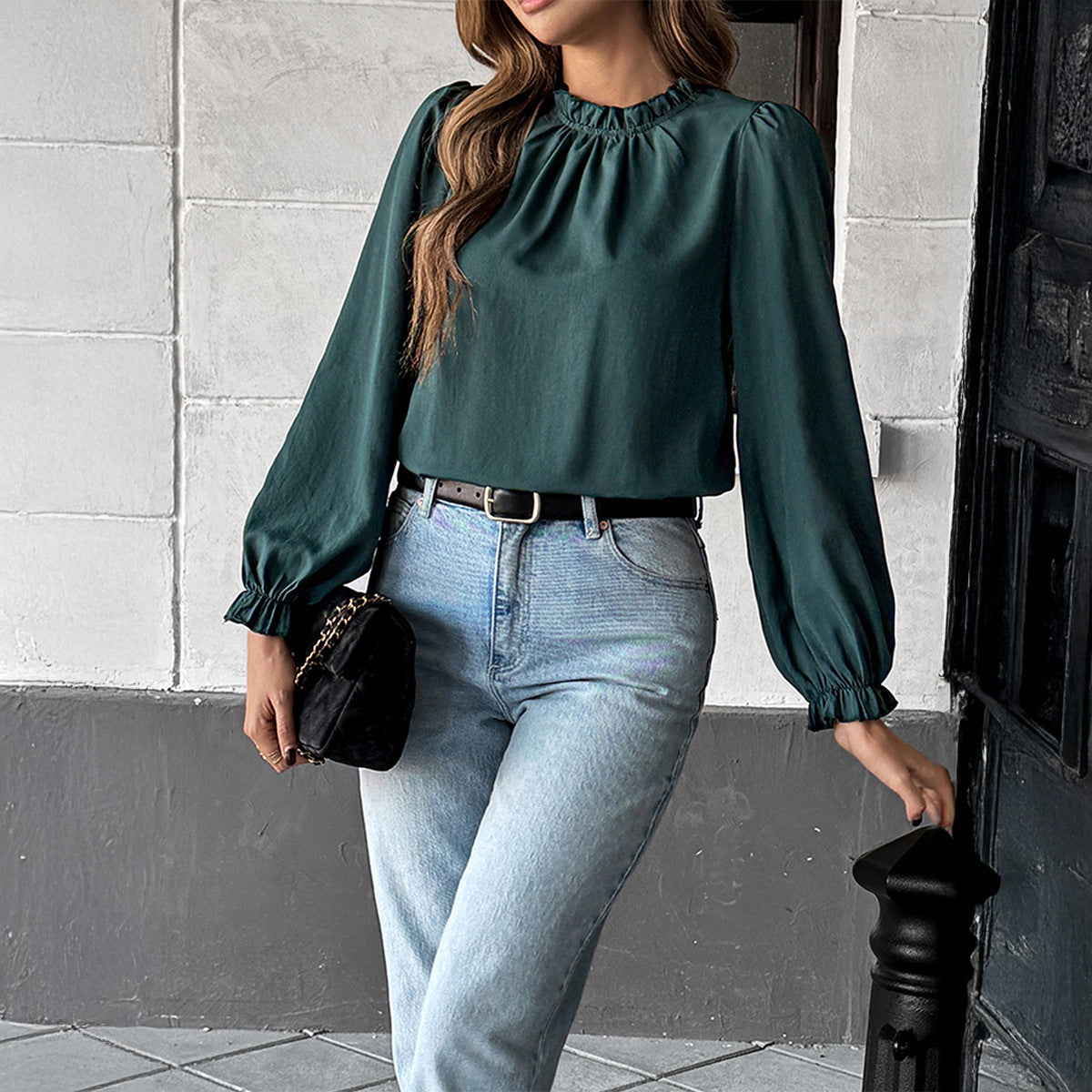 European And American Leisure Simple Style Long Sleeve Solid Color Stringy Selvedge Shirt